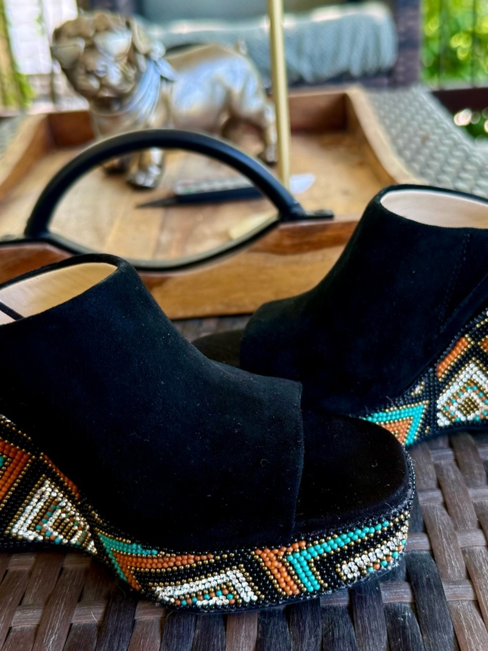 Jessica Simpson Black Suede Beaded Platform Wedges